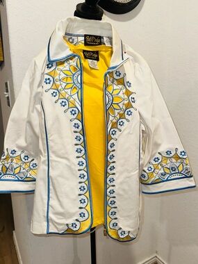 Bob Mackie White Trench Coat with Blue & Yellow Embroidery